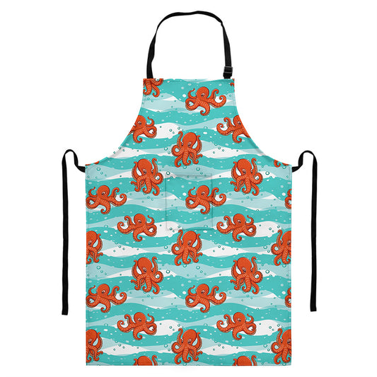 Cartoon Octopus Pattern Print Bib Apron With Pocket
