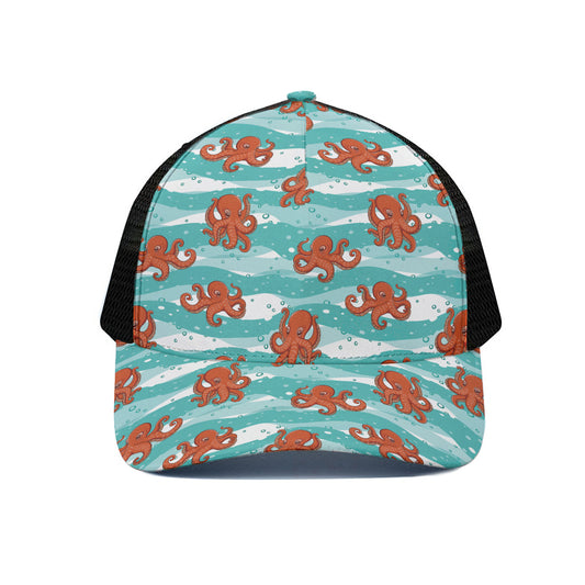 Cartoon Octopus Pattern Print Black Mesh Trucker Cap