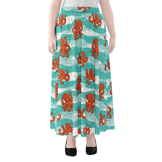 Cartoon Octopus Pattern Print Chiffon Maxi Skirt