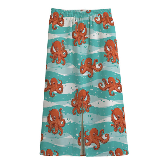 Cartoon Octopus Pattern Print Cotton Front Slit Maxi Skirt