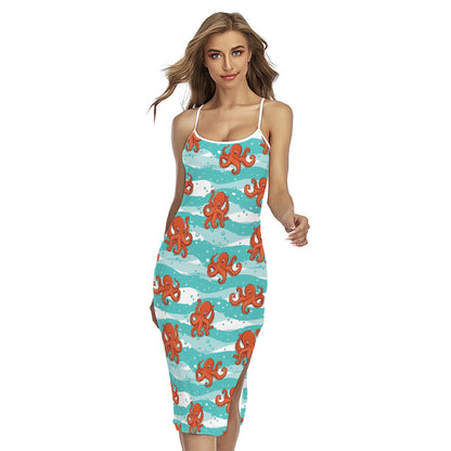 Cartoon Octopus Pattern Print Cross Back Cami Dress