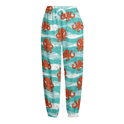 Cartoon Octopus Pattern Print Fleece Lined Knit Pants