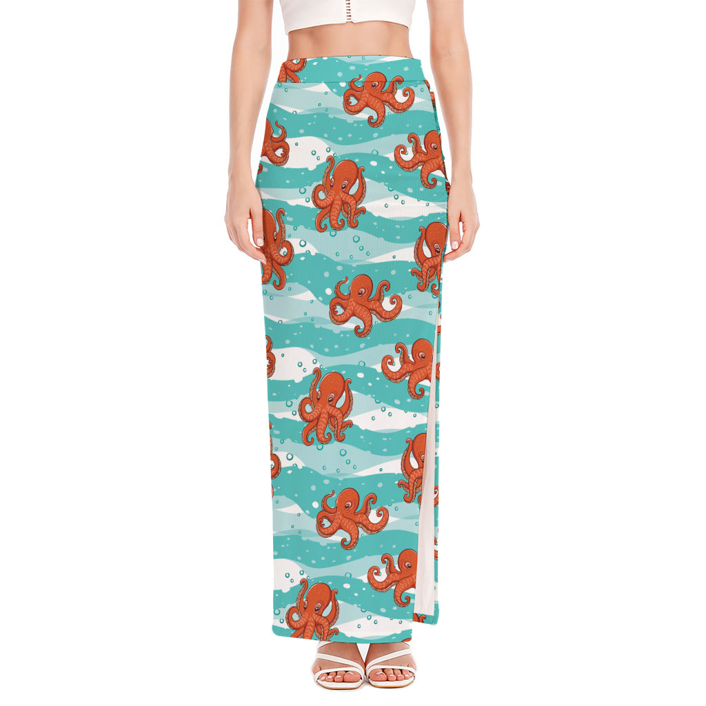 Cartoon Octopus Pattern Print High Slit Maxi Skirt