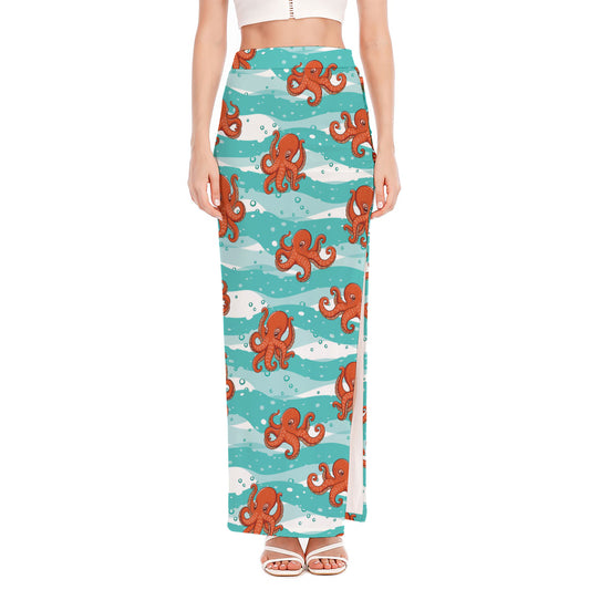 Cartoon Octopus Pattern Print High Slit Maxi Skirt