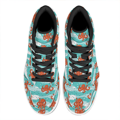 Cartoon Octopus Pattern Print High Top Leather Sneakers