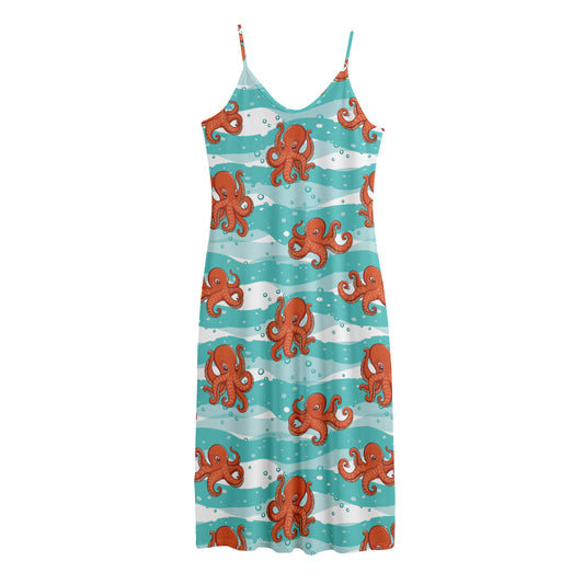 Cartoon Octopus Pattern Print Jersey Midi Cami Dress