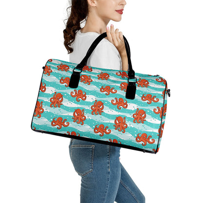 Cartoon Octopus Pattern Print Leather Duffle Bag