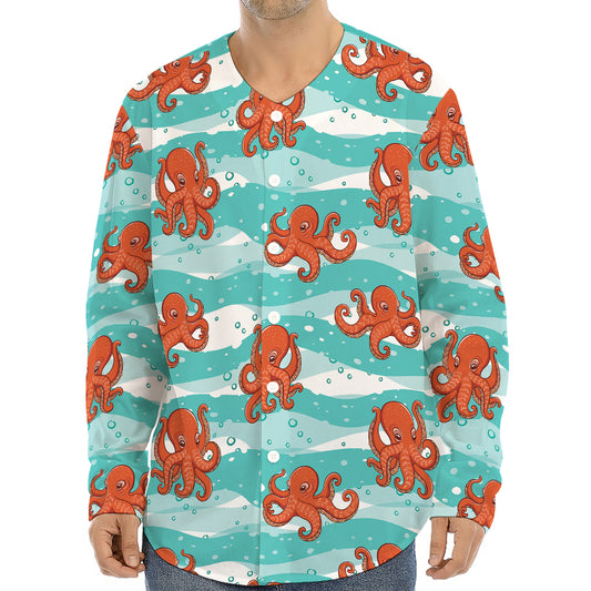 Cartoon Octopus Pattern Print Long Sleeve Baseball Jersey