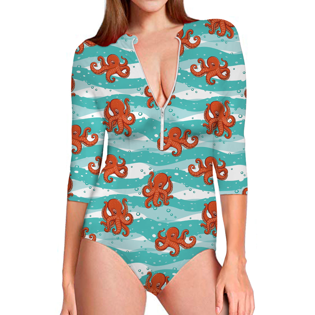 Cartoon Octopus Pattern Print Long Sleeve Swimsuit