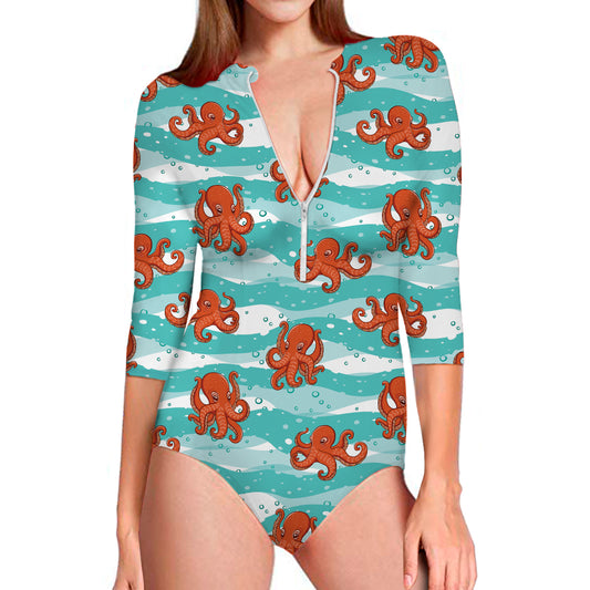 Cartoon Octopus Pattern Print Long Sleeve Swimsuit