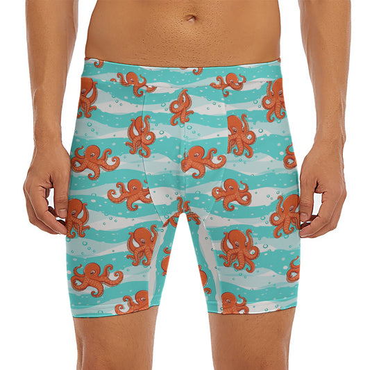 Cartoon Octopus Pattern Print Men's Long Boxer Briefs