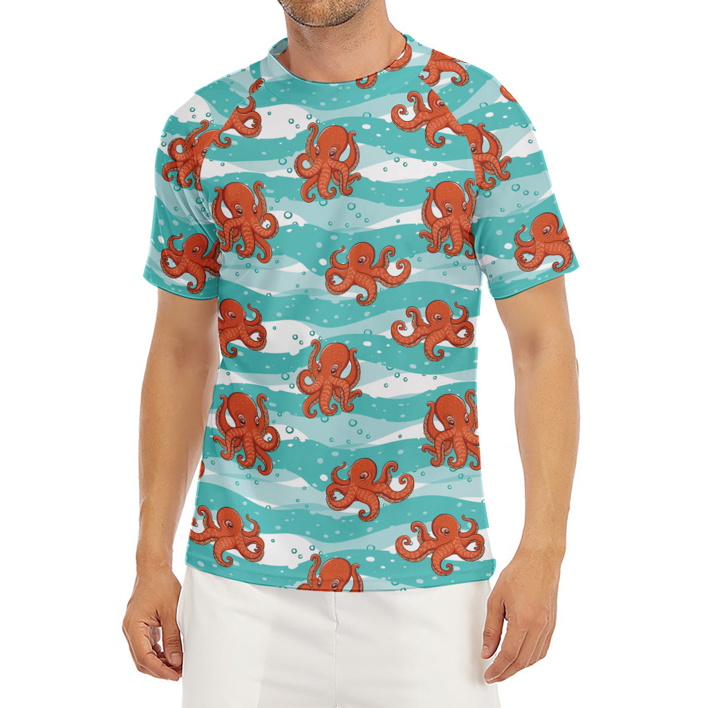 Cartoon Octopus Pattern Print Men's Short Sleeve Rash Guard