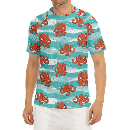 Cartoon Octopus Pattern Print Men's Short Sleeve Rash Guard