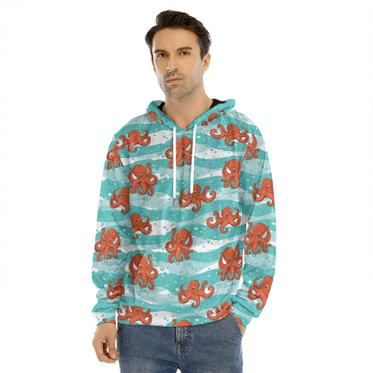 Cartoon Octopus Pattern Print Men's Velvet Pullover Hoodie