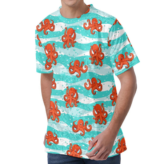 Cartoon Octopus Pattern Print Men's Velvet T-Shirt