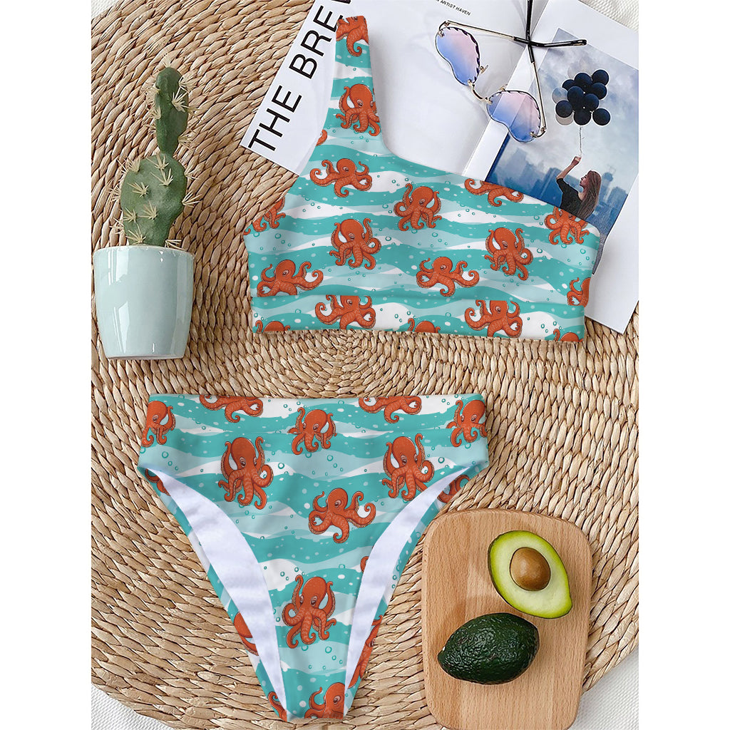 Cartoon Octopus Pattern Print One Shoulder Bikini Top