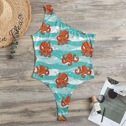 Cartoon Octopus Pattern Print One Shoulder Bodysuit
