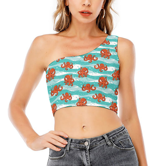 Cartoon Octopus Pattern Print One Shoulder Crop Top