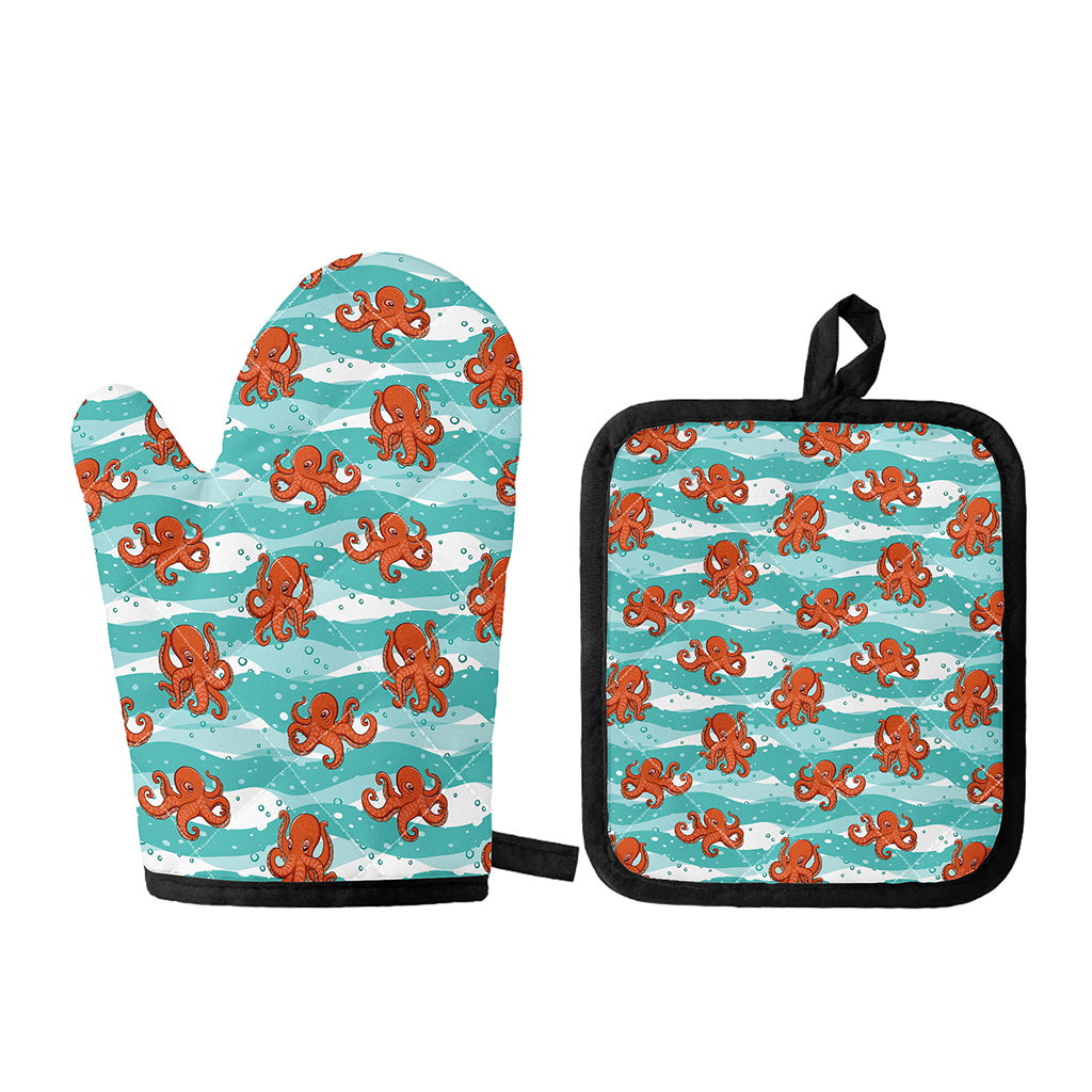 Cartoon Octopus Pattern Print Oven Mitt And Pot Holder Set