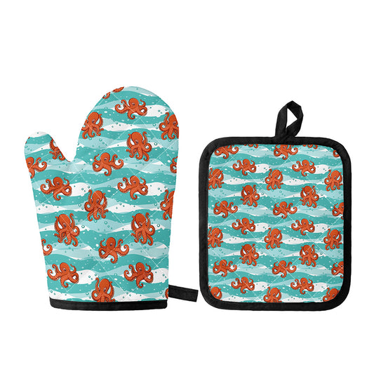 Cartoon Octopus Pattern Print Oven Mitt And Pot Holder Set