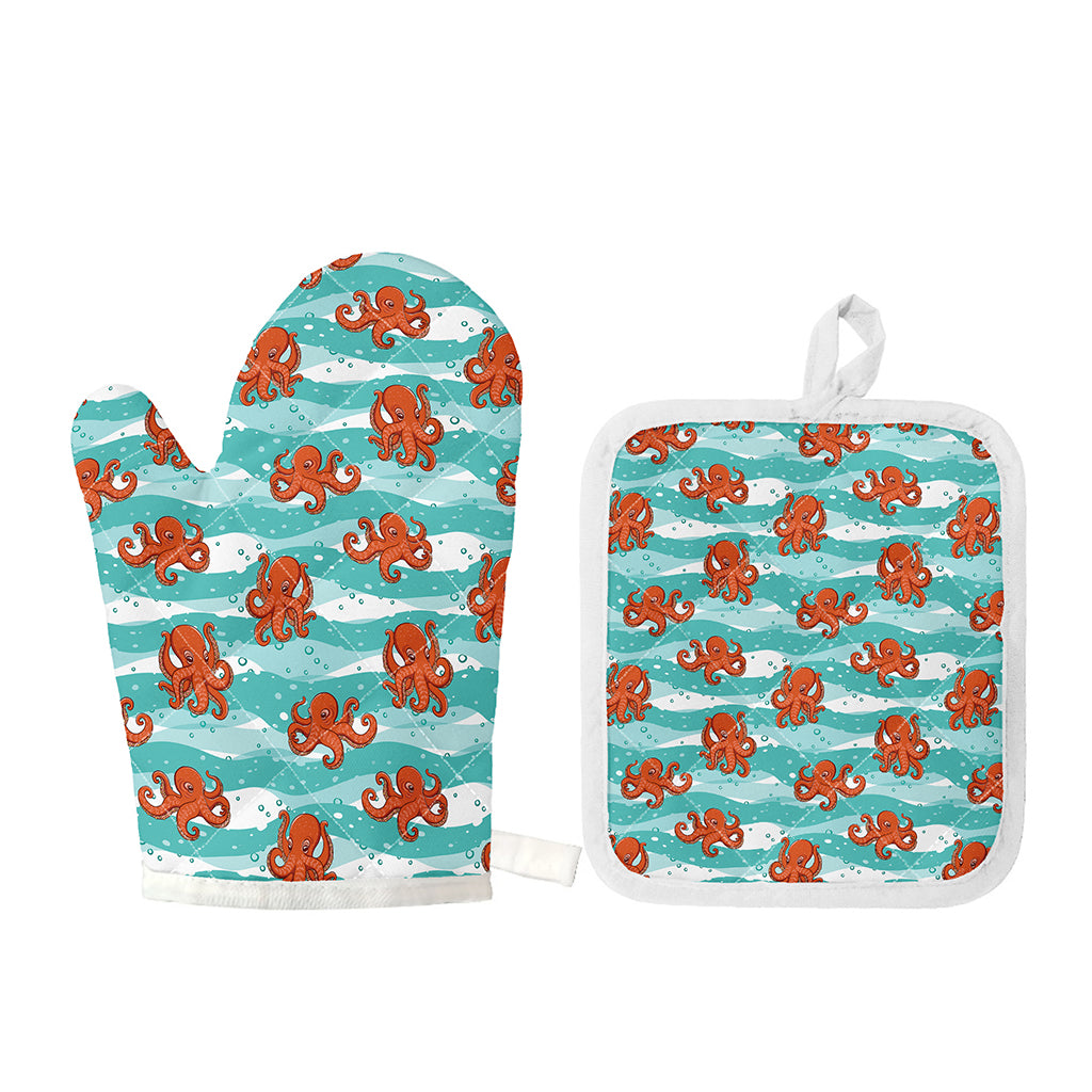 Cartoon Octopus Pattern Print Oven Mitt And Pot Holder Set