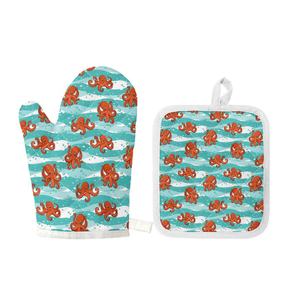 Cartoon Octopus Pattern Print Oven Mitt And Pot Holder Set