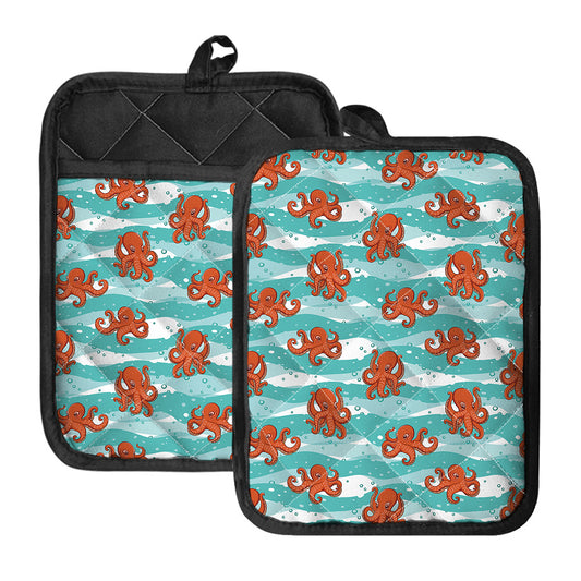 Cartoon Octopus Pattern Print Pot Holders With Pocket