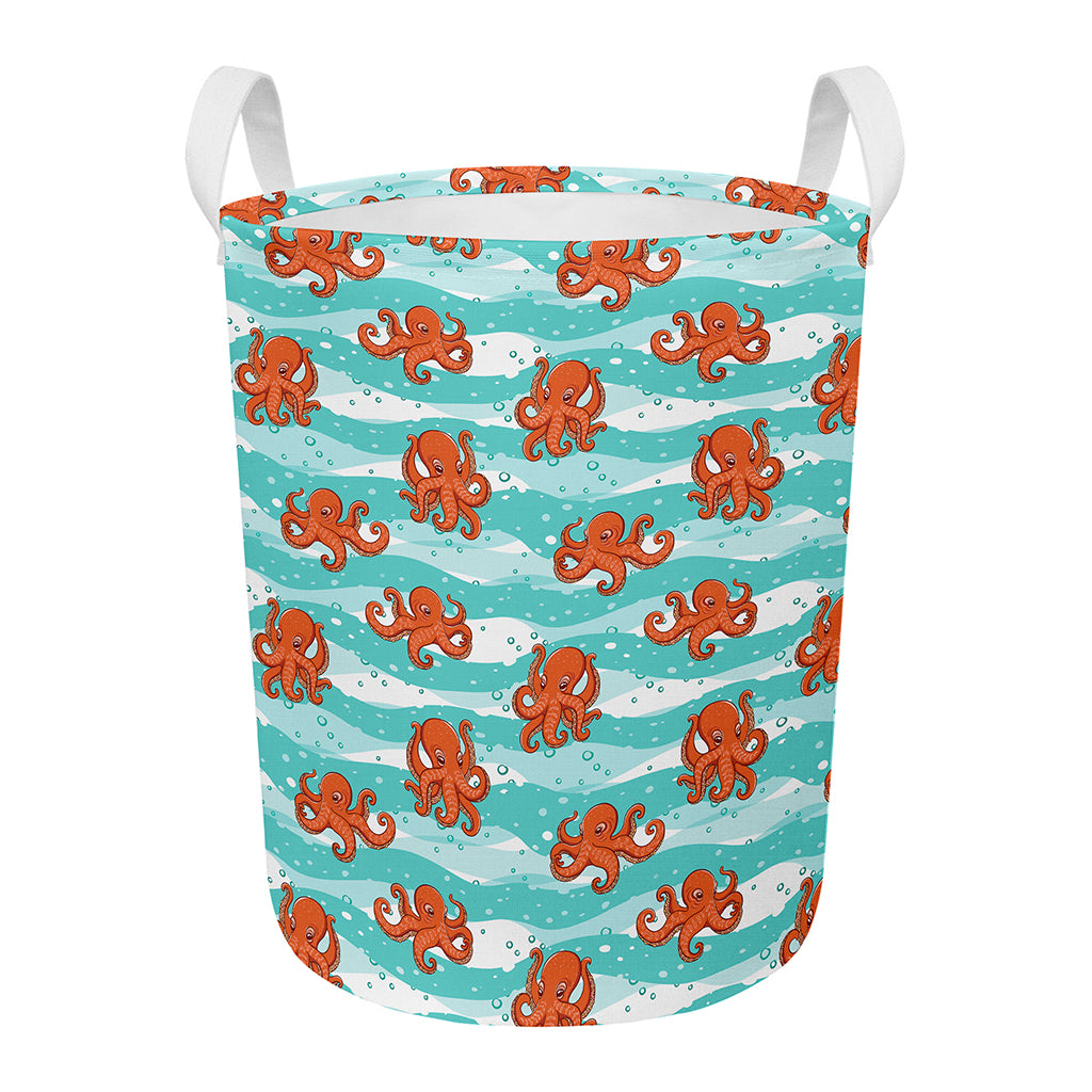 Cartoon Octopus Pattern Print Round Laundry Basket
