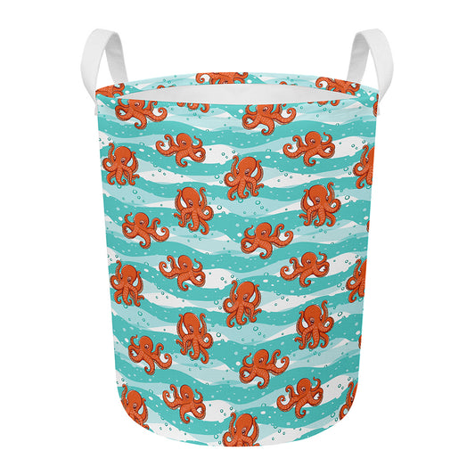 Cartoon Octopus Pattern Print Round Laundry Basket