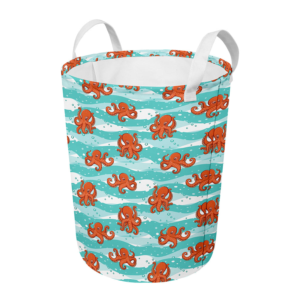 Cartoon Octopus Pattern Print Round Laundry Basket