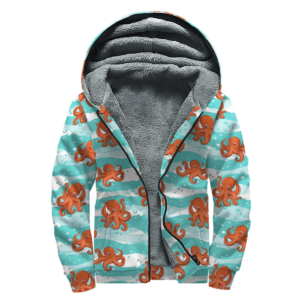 Cartoon Octopus Pattern Print Sherpa Lined Zip Up Hoodie