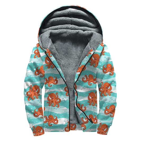 Cartoon Octopus Pattern Print Sherpa Lined Zip Up Hoodie