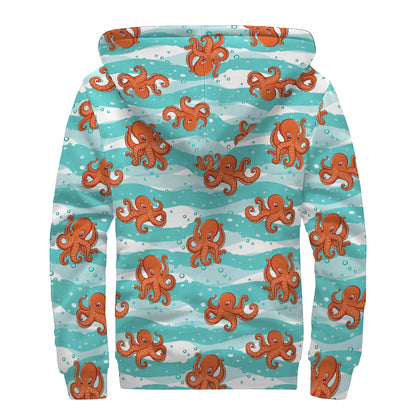 Cartoon Octopus Pattern Print Sherpa Lined Zip Up Hoodie