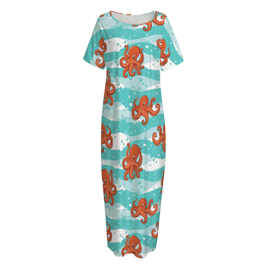 Cartoon Octopus Pattern Print Short Sleeve Long Nightdress