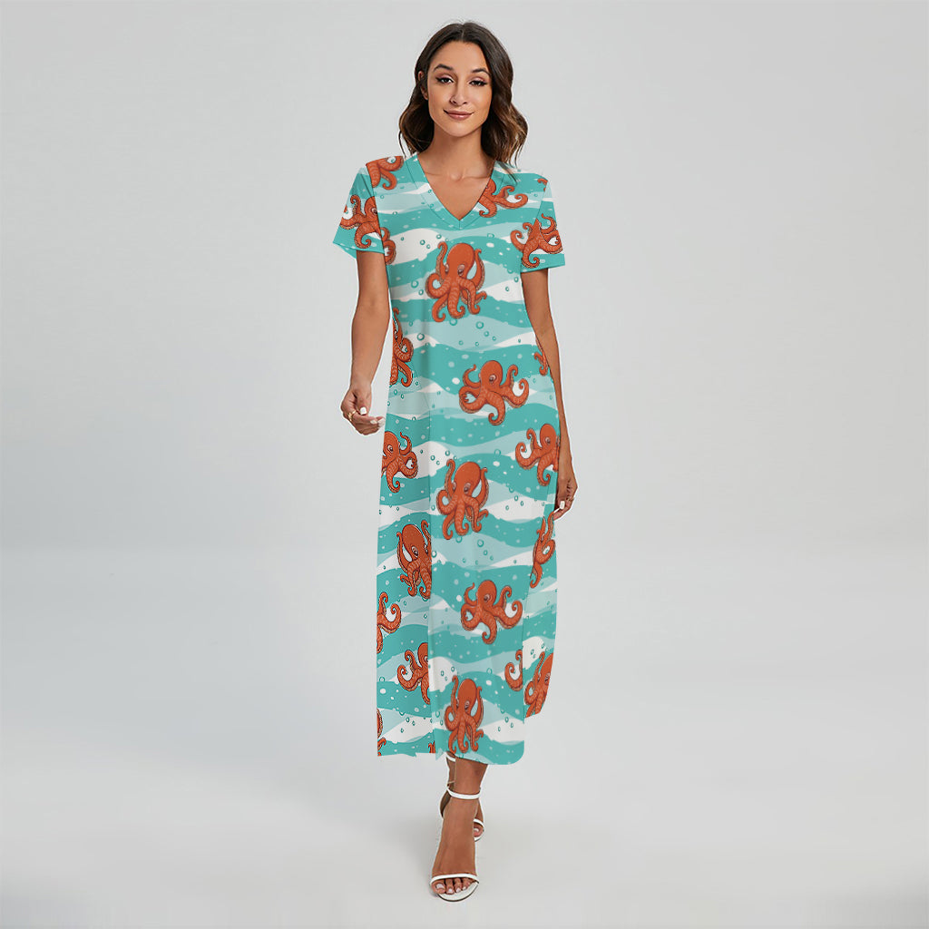 Cartoon Octopus Pattern Print Short Sleeve Maxi Dress