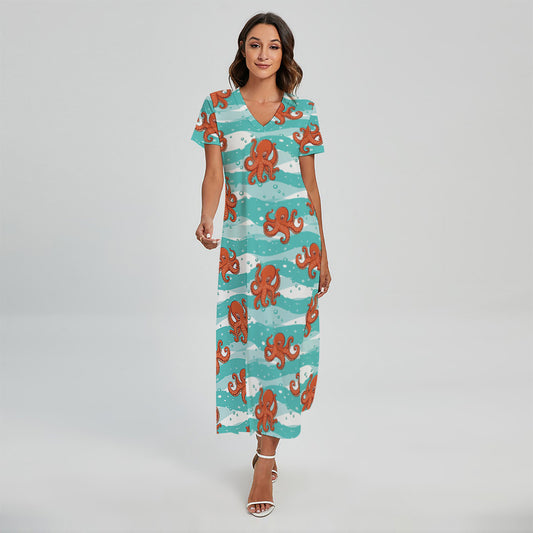 Cartoon Octopus Pattern Print Short Sleeve Maxi Dress