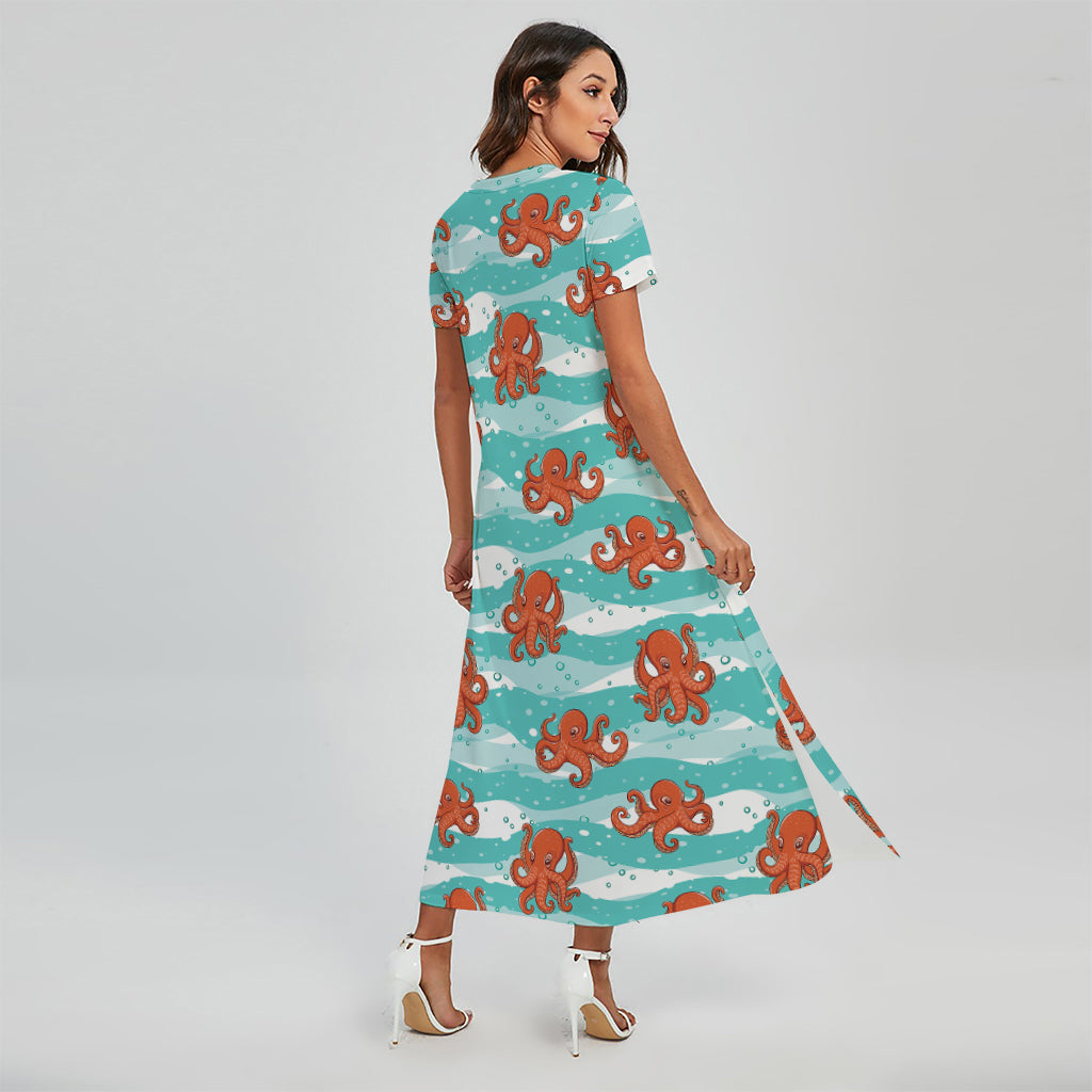 Cartoon Octopus Pattern Print Short Sleeve Maxi Dress