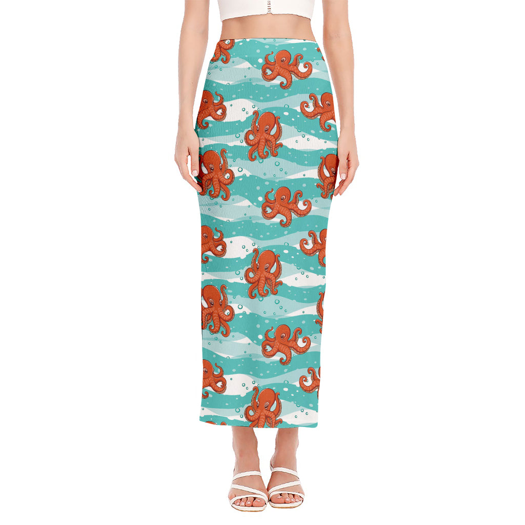Cartoon Octopus Pattern Print Side Slit Maxi Skirt
