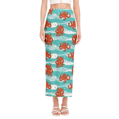 Cartoon Octopus Pattern Print Side Slit Maxi Skirt