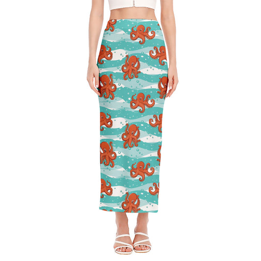 Cartoon Octopus Pattern Print Side Slit Maxi Skirt