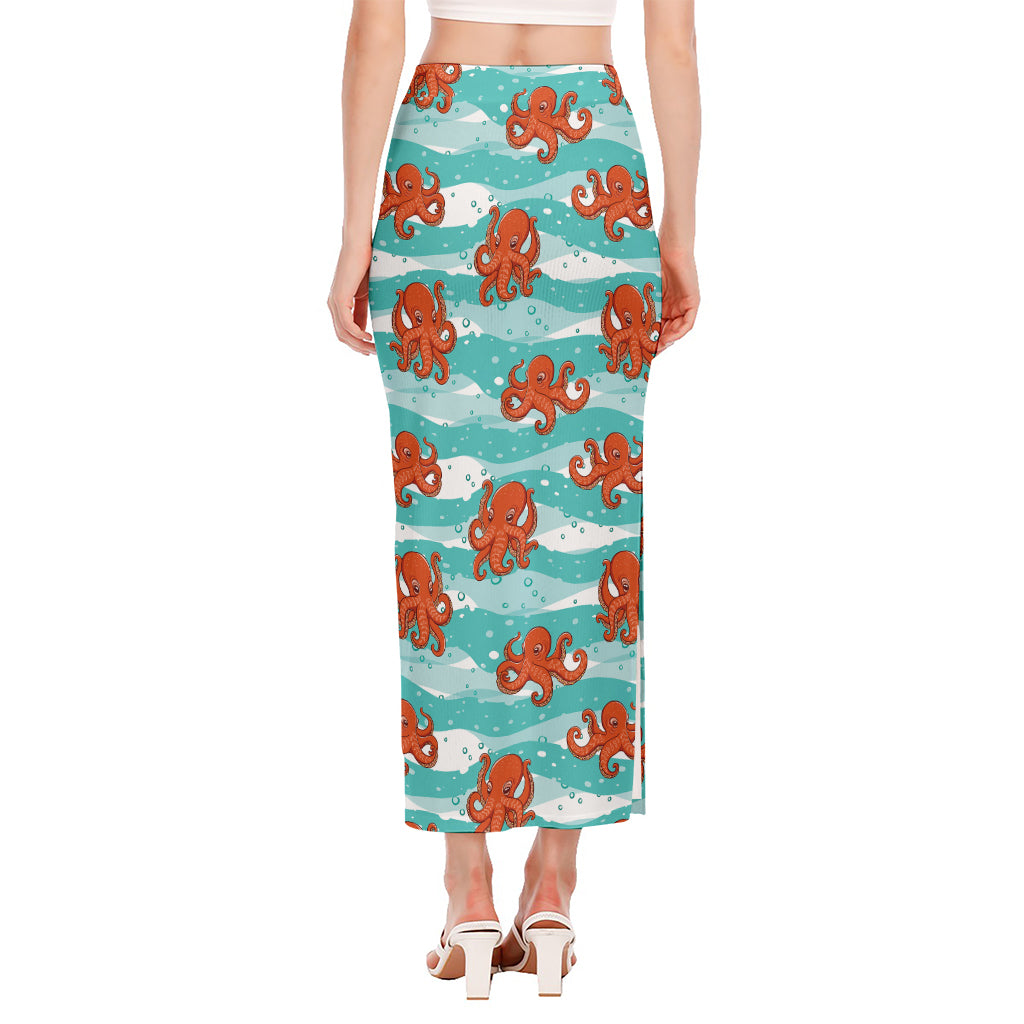 Cartoon Octopus Pattern Print Side Slit Maxi Skirt