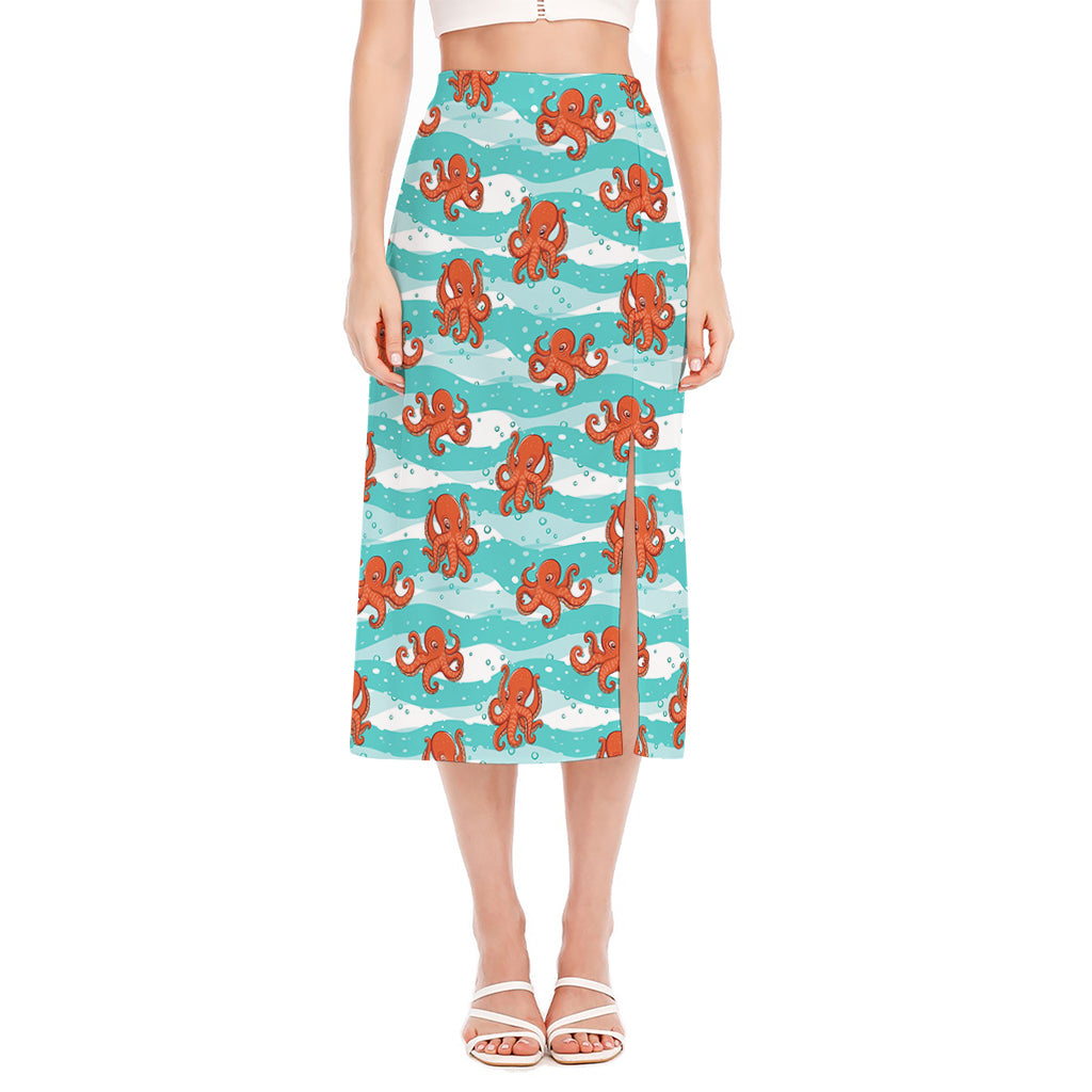 Cartoon Octopus Pattern Print Side Slit Midi Skirt