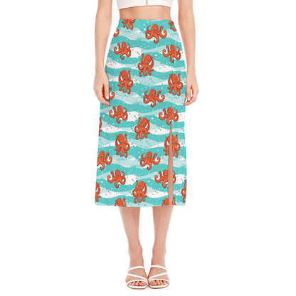 Cartoon Octopus Pattern Print Side Slit Midi Skirt