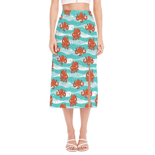 Cartoon Octopus Pattern Print Side Slit Midi Skirt