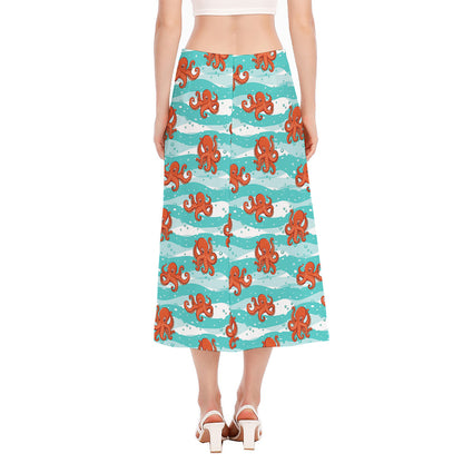 Cartoon Octopus Pattern Print Side Slit Midi Skirt