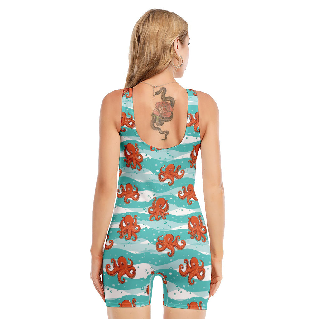 Cartoon Octopus Pattern Print Sleeveless One Piece Swimsuit