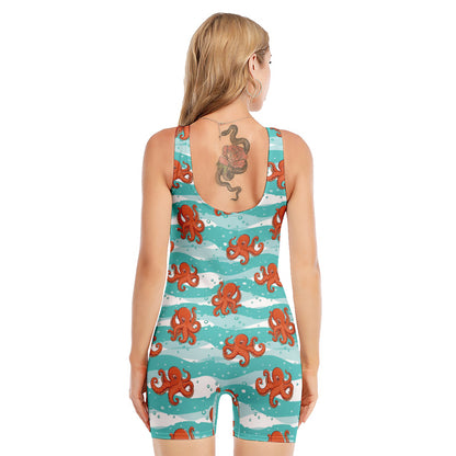 Cartoon Octopus Pattern Print Sleeveless One Piece Swimsuit