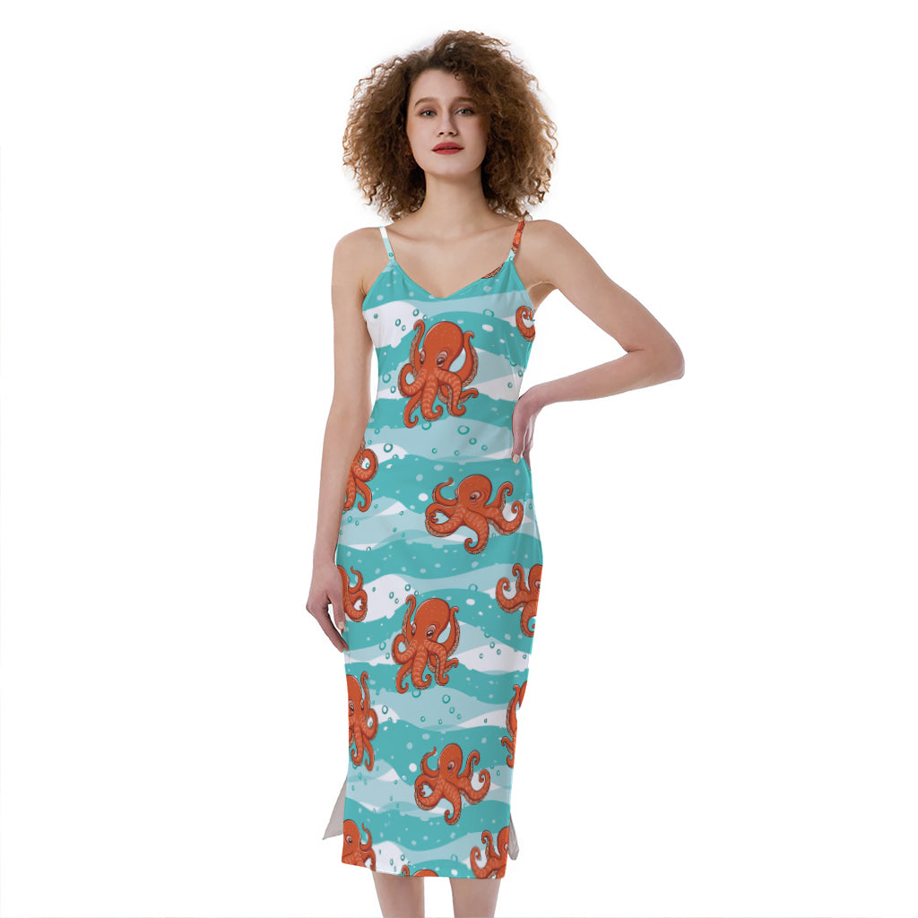 Cartoon Octopus Pattern Print Slim Fit Midi Cami Dress