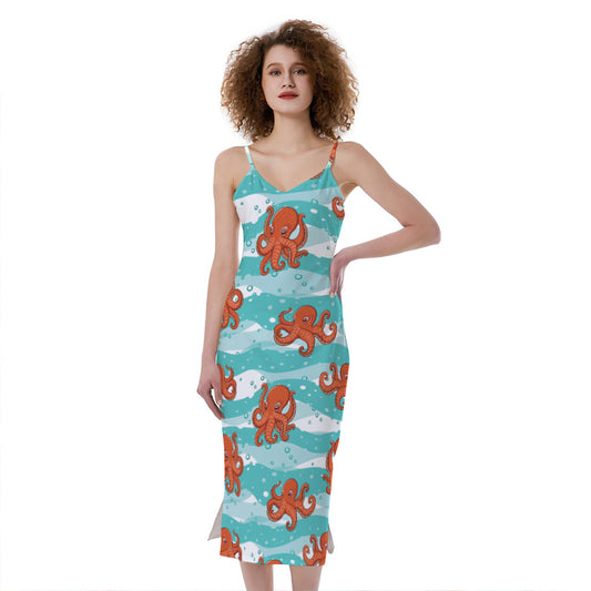 Cartoon Octopus Pattern Print Slim Fit Midi Cami Dress