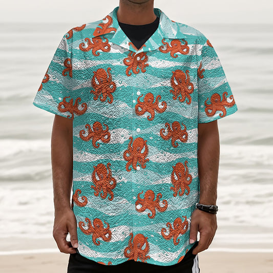 Cartoon Octopus Pattern Print Textured Short Sleeve Shirt